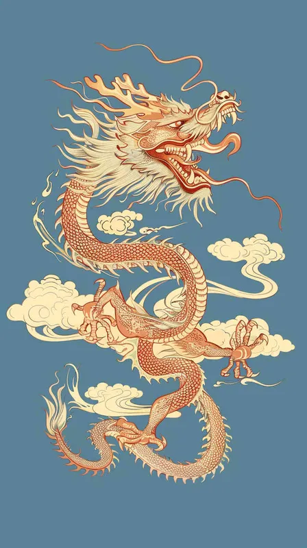 金色的中国龙，纯蓝色的背景，扁平插画，不要立体感，不要体积 - style1部分