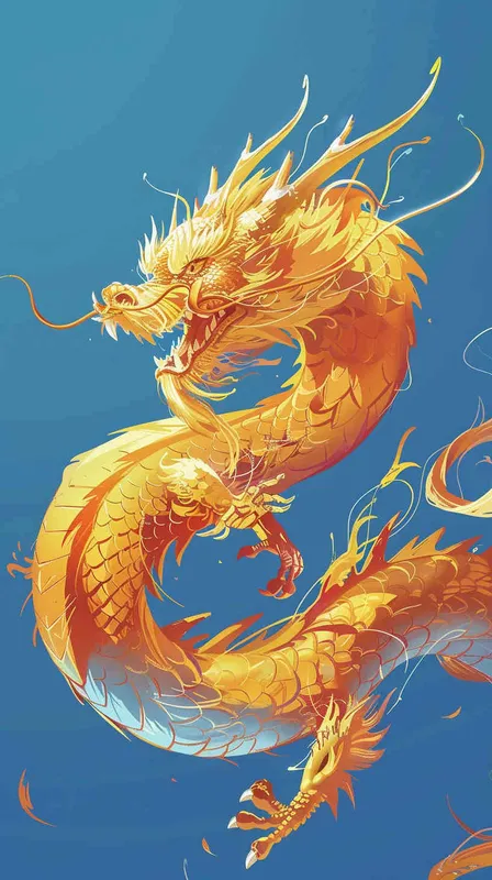 金色的中国龙，纯蓝色的背景，扁平插画，不要立体感，不要体积 - style2部分