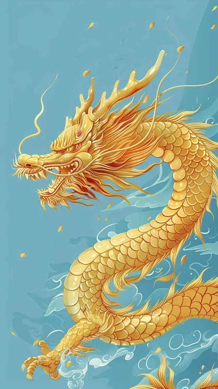 金色的中国龙，纯蓝色的背景，扁平插画，不要立体感，不要体积 - style4部分