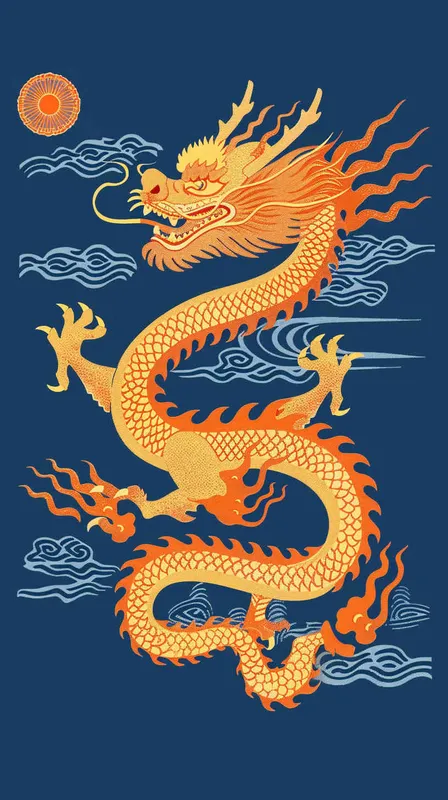 金色的中国龙，纯蓝色的背景，扁平插画，不要立体感，不要体积 - style2部分
