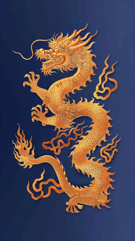 金色的中国龙，纯蓝色的背景，扁平插画，不要立体感，不要体积 - style3部分