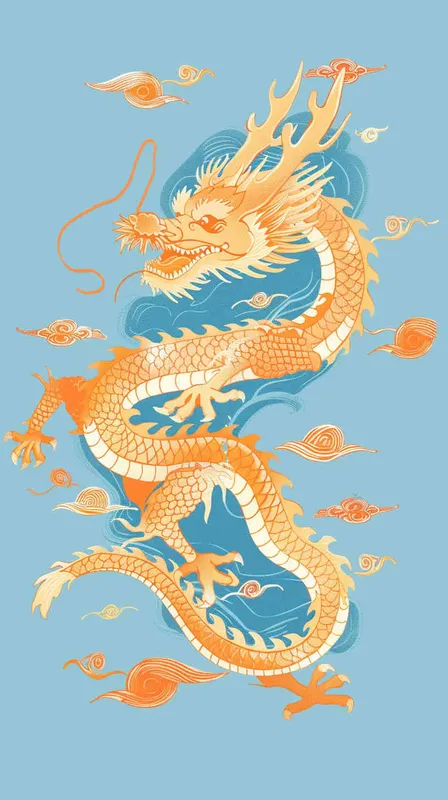 金色的中国龙，纯蓝色的背景，扁平插画，不要立体感，不要体积 - style1部分