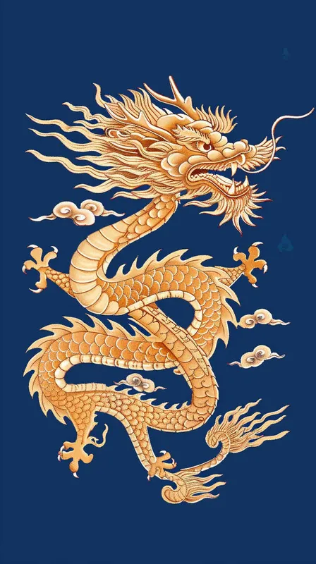 金色的中国龙，纯蓝色的背景，扁平插画，不要立体感，不要体积 - style3部分