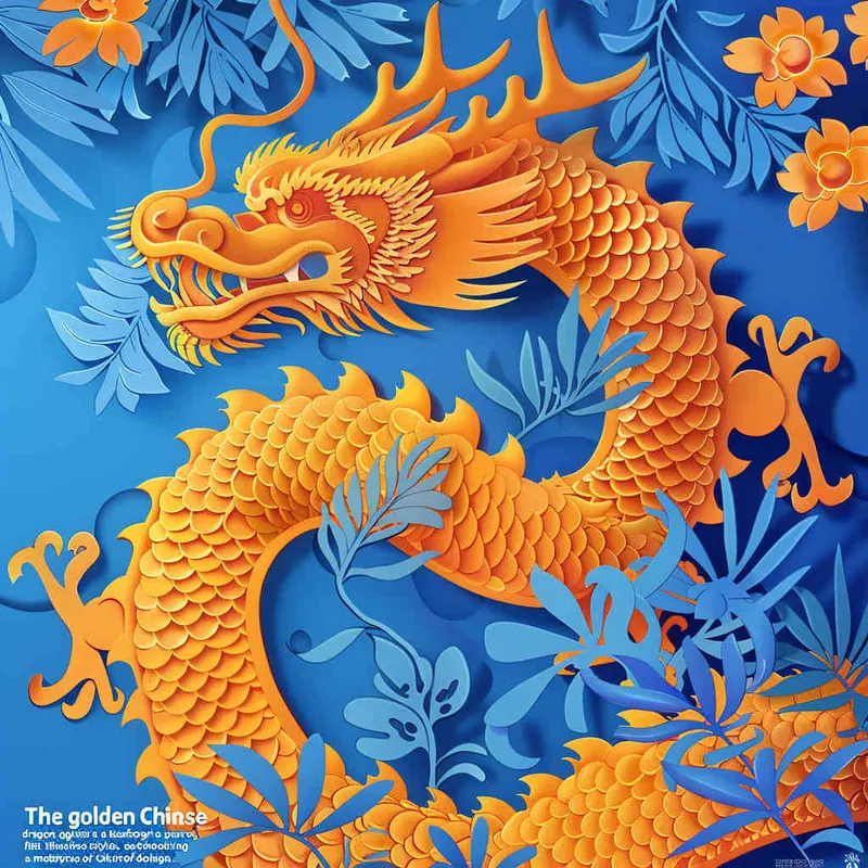 金色的中国龙，纯蓝色的背景，扁平插画，不要立体感，不要体积，大师设计 - style1部分