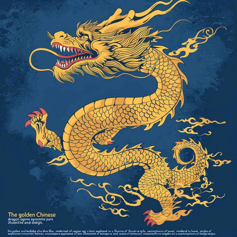 金色的中国龙，纯蓝色的背景，扁平插画，不要立体感，不要体积，大师设计 - style3部分
