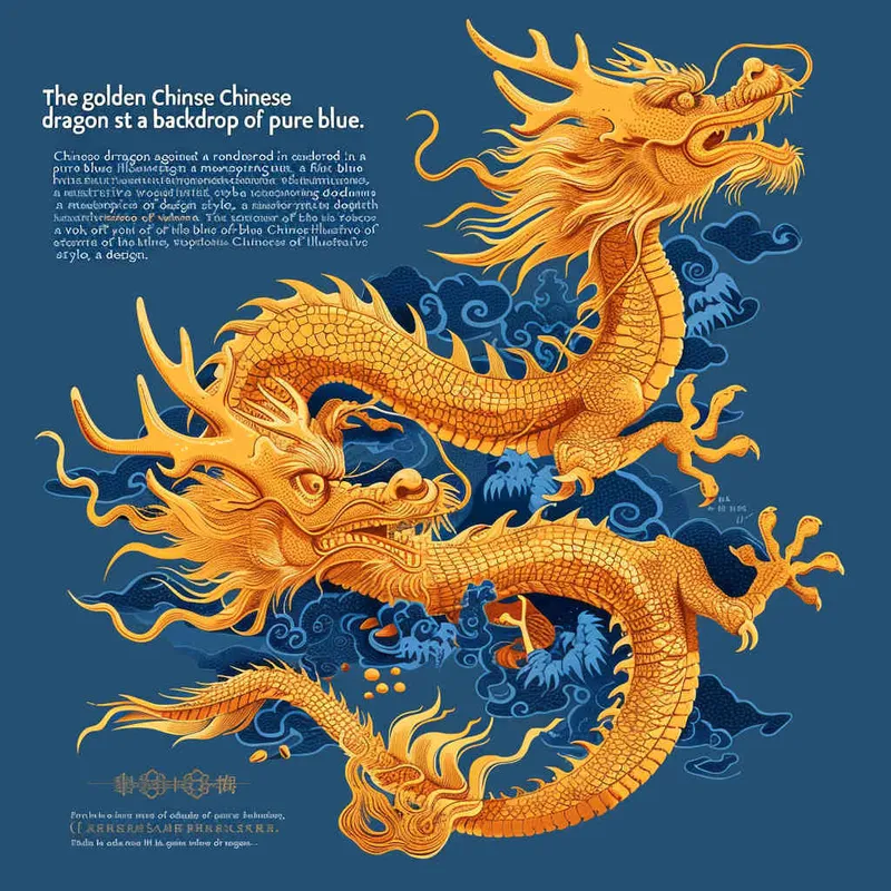 金色的中国龙，纯蓝色的背景，扁平插画，不要立体感，不要体积，大师设计 - style4部分