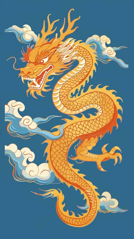金色的中国龙，纯蓝色的背景，扁平插画，不要立体感，不要体积 - style2部分