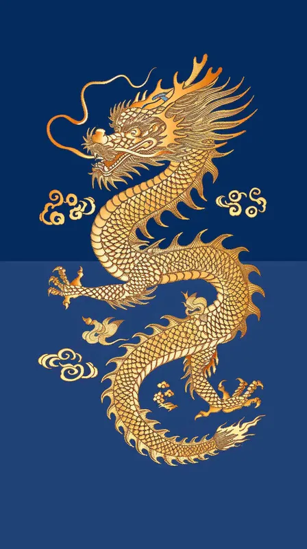 金色的中国龙，纯蓝色的背景，扁平插画，不要立体感，不要体积 - style3部分