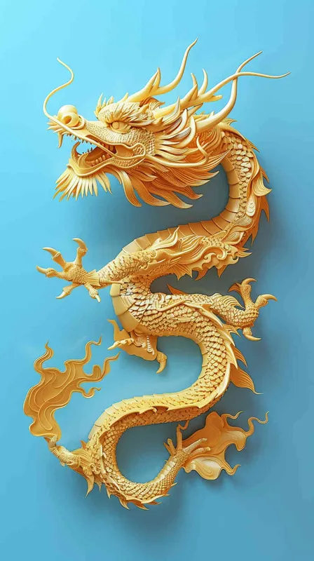金色的中国龙，纯蓝色的背景，扁平插画，不要立体感，不要体积 - style4部分