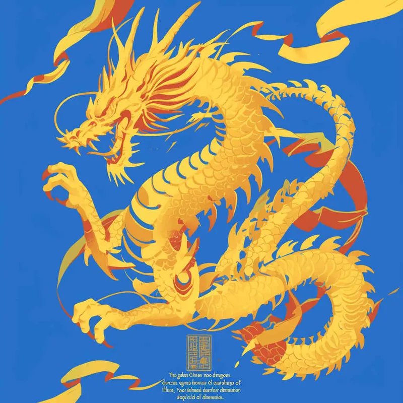 金色的中国龙，纯蓝色的背景，扁平插画，不要立体感，不要体积 - style1部分