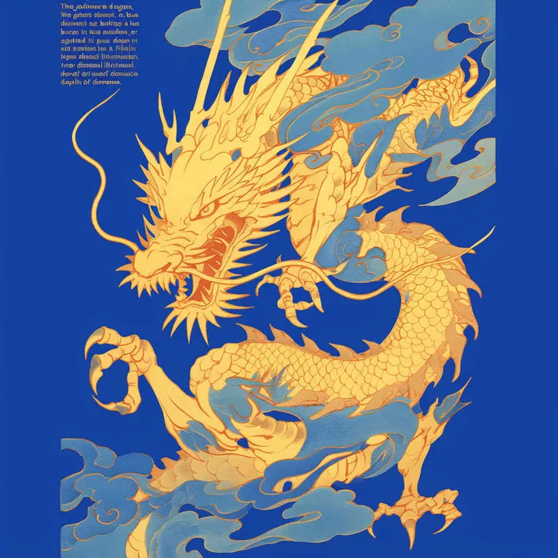 金色的中国龙，纯蓝色的背景，扁平插画，不要立体感，不要体积 - style4部分