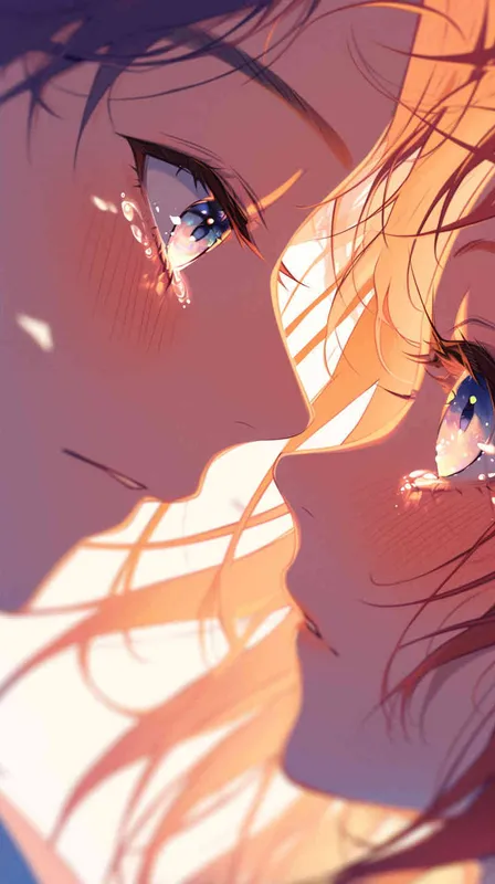Close-up shot in anime-style, depicting intense eye contact between a man and a woman, capturing romantic tension, vibrant colors, anime style, romantic atmosphere, close up. - style1部分