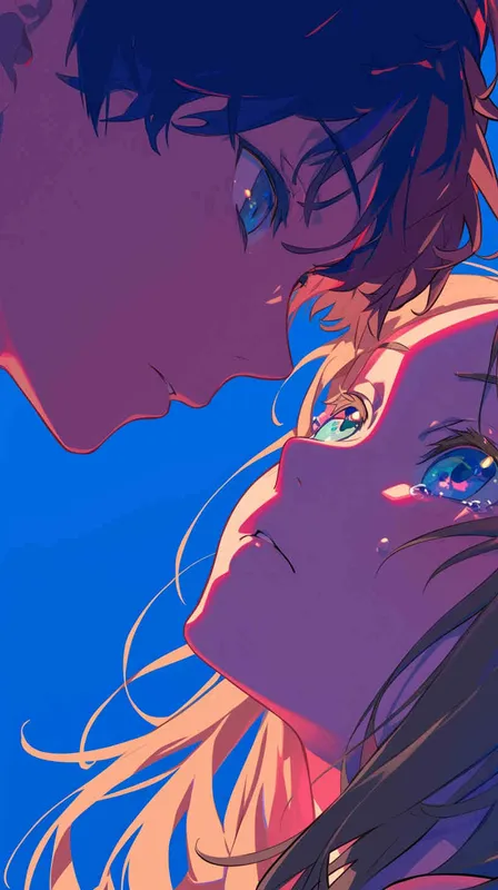 Close-up shot in anime-style, depicting intense eye contact between a man and a woman, capturing romantic tension, vibrant colors, anime style, romantic atmosphere, close up. - style2部分