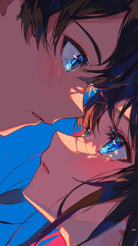 Close-up shot in anime-style, depicting intense eye contact between a man and a woman, capturing romantic tension, vibrant colors, anime style, romantic atmosphere, close up. - style3部分