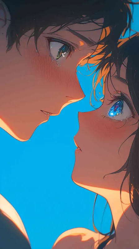 Close-up shot in anime-style, depicting intense eye contact between a man and a woman, capturing romantic tension, vibrant colors, anime style, romantic atmosphere, close up. - style1部分