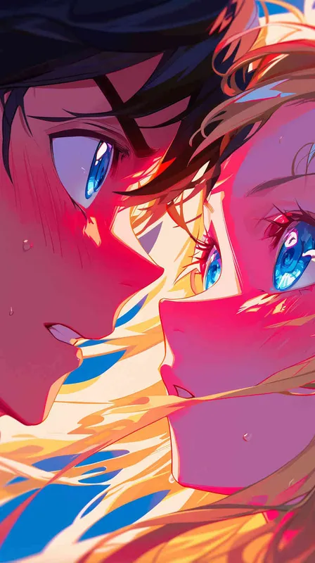 Close-up shot in anime-style, depicting intense eye contact between a man and a woman, capturing romantic tension, vibrant colors, anime style, romantic atmosphere, close up. - style2部分