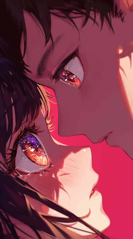 Close-up shot in anime-style, depicting intense eye contact between a man and a woman, capturing romantic tension, vibrant colors, anime style, romantic atmosphere, close up. - style3部分