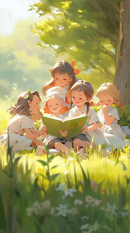 On a newly green grassland, several green plants have grown up nearby. Five cute Q-version elementary school students are wearing brightly colored clothes and sitting on the grassland, reading carefully. The illustration style, panoramic view, natural light, --ar 9:16 --q 2  --s 250  --v 5.2  --niji 5 --style cute - style1部分