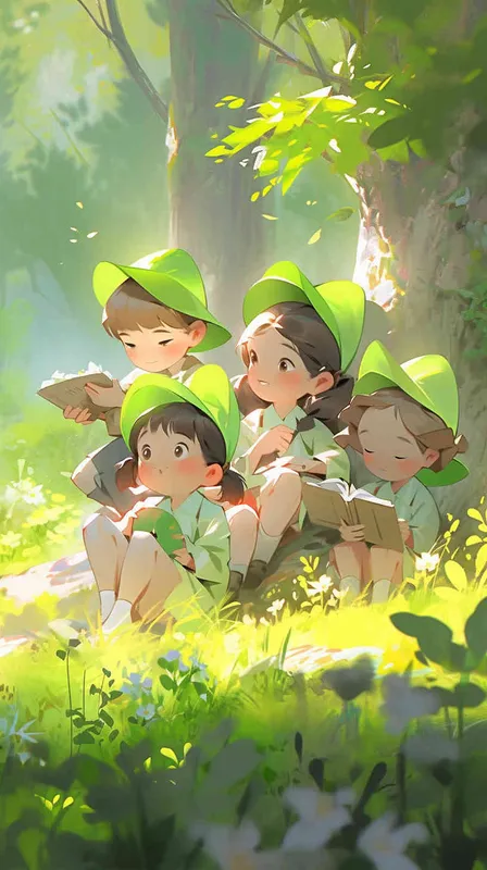 On a newly green grassland, several green plants have grown up nearby. Five cute Q-version elementary school students are wearing brightly colored clothes and sitting on the grassland, reading carefully. The illustration style, panoramic view, natural light, --ar 9:16 --q 2  --s 250  --v 5.2  --niji 5 --style cute - style2部分