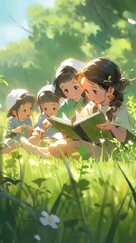 On a newly green grassland, several green plants have grown up nearby. Five cute Q-version elementary school students are wearing brightly colored clothes and sitting on the grassland, reading carefully. The illustration style, panoramic view, natural light, --ar 9:16 --q 2  --s 250  --v 5.2  --niji 5 --style cute - style3部分