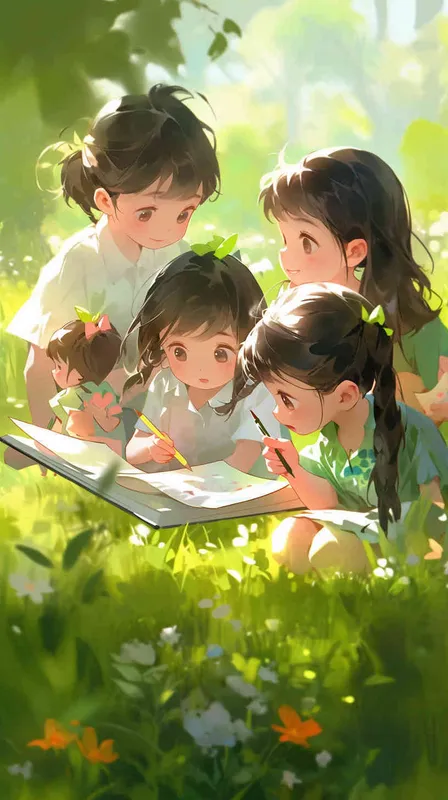 On a newly green grassland, several green plants have grown up nearby. Five cute Q-version elementary school students are wearing brightly colored clothes and sitting on the grassland, reading carefully. The illustration style, panoramic view, natural light, --ar 9:16 --q 2  --s 250  --v 5.2  --niji 5 --style cute - style4部分
