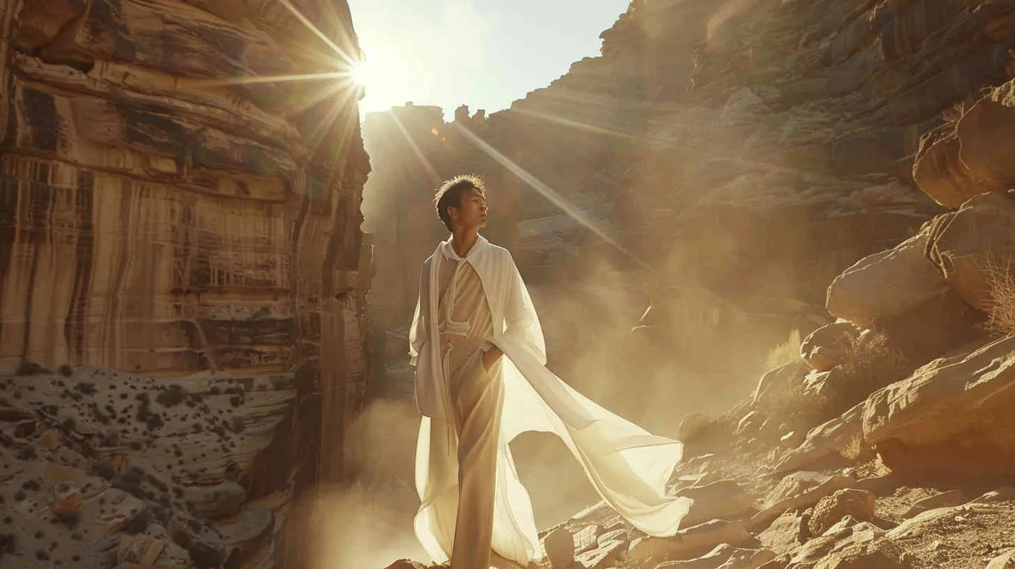 **A 24-year-old Chinese male model wearing light khaki sun protection clothing poses in a magnificent canyon,Photography,The picture is from Emmanuel Lubezki's work,full body,cinematic shot,Crepuscular Ray, --v 6.0 --s 50** - Zoom Out by <@1079638033529311242> (fast) – style2部分” class=”wp-image”/>
</figure>


<figure class=