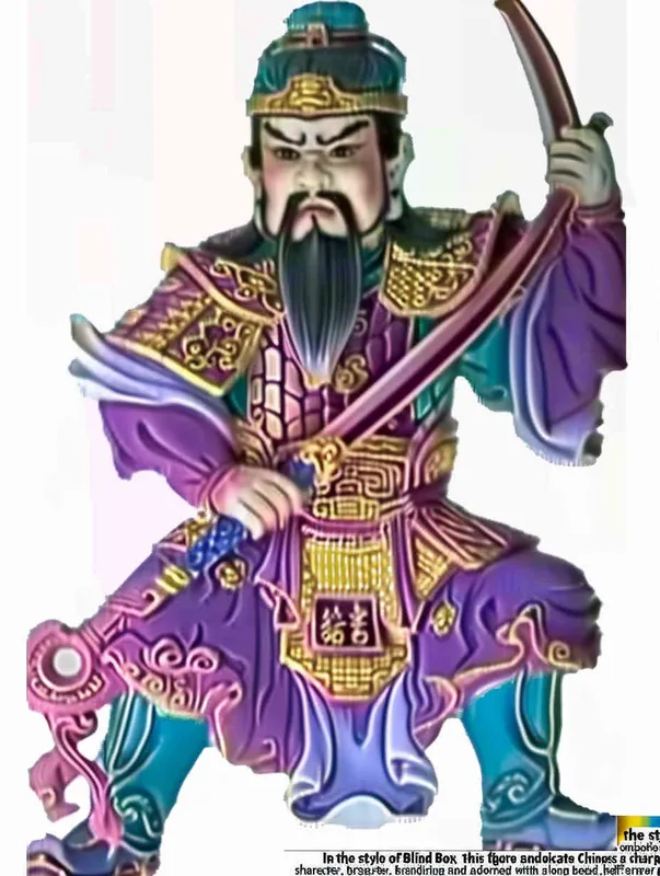 Blind Box Style , full body, chibi,Delicate features, a Chinese ancient Q-version character , holding a sharp sword, wearing a helmet ,  with a long beard, half sleeved armor on the left hand, and a purple battle robe on the right , white background, Natural lighting, 8K, best quality, ultra - detail, 3D, C4D, Blender, OC renderer, ultra HD, 3D rendering  - style1部分