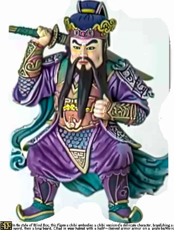 Blind Box Style , full body, chibi,Delicate features, a Chinese ancient Q-version character , holding a sharp sword, wearing a helmet ,  with a long beard, half sleeved armor on the left hand, and a purple battle robe on the right , white background, Natural lighting, 8K, best quality, ultra - detail, 3D, C4D, Blender, OC renderer, ultra HD, 3D rendering  - style2部分