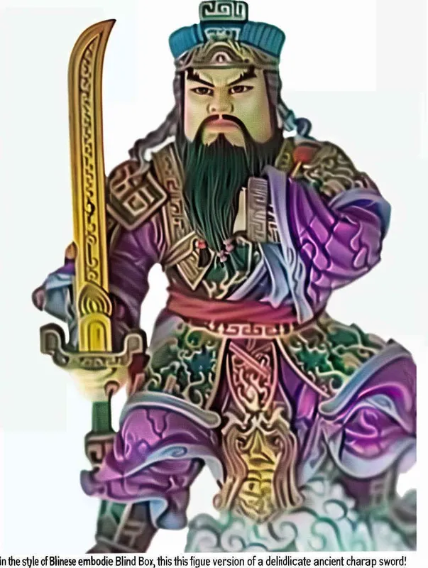 Blind Box Style , full body, chibi,Delicate features, a Chinese ancient Q-version character , holding a sharp sword, wearing a helmet ,  with a long beard, half sleeved armor on the left hand, and a purple battle robe on the right , white background, Natural lighting, 8K, best quality, ultra - detail, 3D, C4D, Blender, OC renderer, ultra HD, 3D rendering  - style3部分