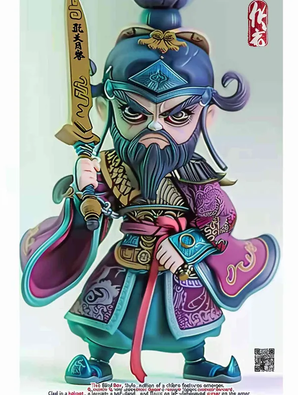 Blind Box Style , full body, chibi,Delicate features, a Chinese ancient Q-version character , holding a sharp sword, wearing a helmet ,  with a long beard, half sleeved armor on the left hand, and a purple battle robe on the right , white background, Natural lighting, 8K, best quality, ultra - detail, 3D, C4D, Blender, OC renderer, ultra HD, 3D rendering  - style1部分