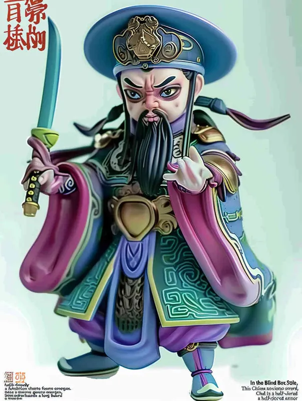 Blind Box Style , full body, chibi,Delicate features, a Chinese ancient Q-version character , holding a sharp sword, wearing a helmet ,  with a long beard, half sleeved armor on the left hand, and a purple battle robe on the right , white background, Natural lighting, 8K, best quality, ultra - detail, 3D, C4D, Blender, OC renderer, ultra HD, 3D rendering  - style4部分