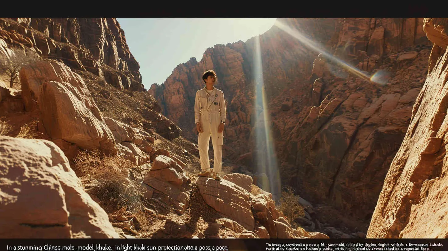 **A 24-year-old Chinese male model wearing light khaki sun protection clothing poses in a magnificent canyon,Photography,The picture is from Emmanuel Lubezki's work,full body,cinematic shot,Crepuscular Ray, --v 6.0 --s 50** - Zoom Out by <@1079638033529311242> (fast) – style2部分” class=”wp-image”/>
</figure>


<figure class=