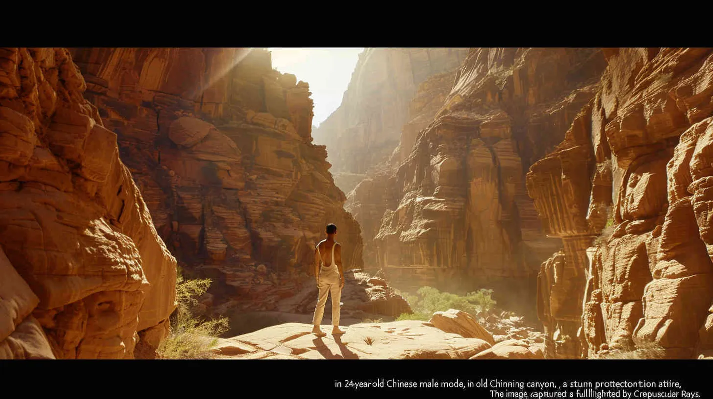 **A 24-year-old Chinese male model wearing light khaki sun protection clothing poses in a magnificent canyon,Photography,The picture is from Emmanuel Lubezki's work,full body,cinematic shot,Crepuscular Ray, --v 6.0 --s 50** - Zoom Out by <@1079638033529311242> (fast) – style3部分” class=”wp-image”/>
</figure>


<figure class=