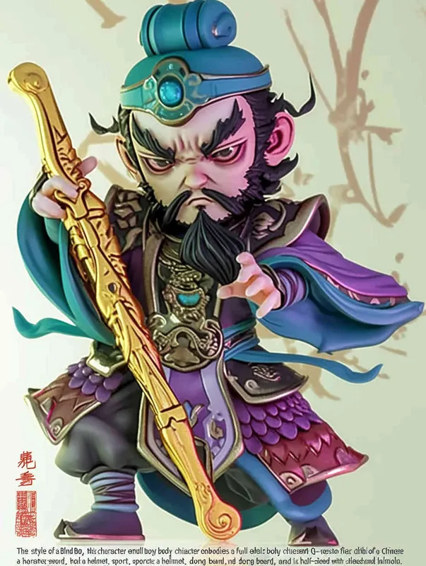 Blind Box Style , full body, chibi,Delicate features, a Chinese ancient Q-version character , holding a sharp sword, wearing a helmet ,  with a long beard, half sleeved armor on the left hand, and a purple battle robe on the right , white background, Natural lighting, 8K, best quality, ultra - detail, 3D, C4D, Blender, OC renderer, ultra HD, 3D rendering  - style1部分