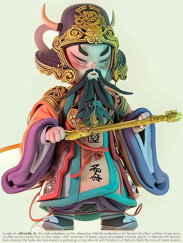 Blind Box Style , full body, chibi,Delicate features, a Chinese ancient Q-version character , holding a sharp sword, wearing a helmet ,  with a long beard, half sleeved armor on the left hand, and a purple battle robe on the right , white background, Natural lighting, 8K, best quality, ultra - detail, 3D, C4D, Blender, OC renderer, ultra HD, 3D rendering  - style3部分