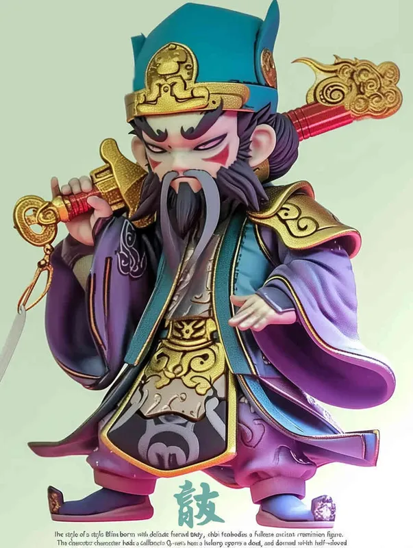 Blind Box Style , full body, chibi,Delicate features, a Chinese ancient Q-version character , holding a sharp sword, wearing a helmet ,  with a long beard, half sleeved armor on the left hand, and a purple battle robe on the right , white background, Natural lighting, 8K, best quality, ultra - detail, 3D, C4D, Blender, OC renderer, ultra HD, 3D rendering  - style4部分