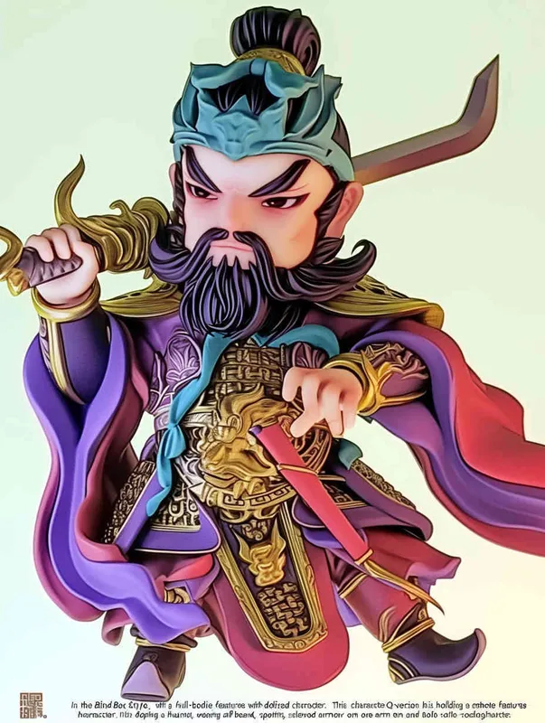 Blind Box Style , full body, chibi,Delicate features, a Chinese ancient Q-version character , holding a sharp sword, wearing a helmet ,  with a long beard, half sleeved armor on the left hand, and a purple battle robe on the right , white background, Natural lighting, 8K, best quality, ultra - detail, 3D, C4D, Blender, OC renderer, ultra HD, 3D rendering  - style1部分