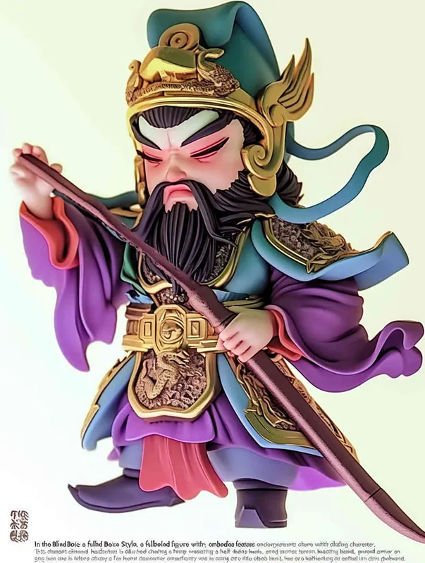 Blind Box Style , full body, chibi,Delicate features, a Chinese ancient Q-version character , holding a sharp sword, wearing a helmet ,  with a long beard, half sleeved armor on the left hand, and a purple battle robe on the right , white background, Natural lighting, 8K, best quality, ultra - detail, 3D, C4D, Blender, OC renderer, ultra HD, 3D rendering  - style4部分