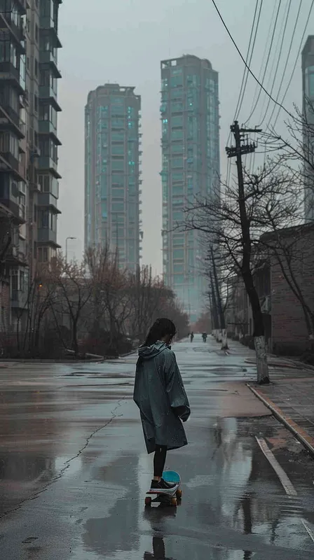 一个约15岁的女孩披着雨披，踩着滑板在无人的街道上熟练穿行，这是一片笼罩着暮气的老旧住宅区，四下皆是平房，可以参考北京胡同的场景。而远处的高楼却皆是断裂或抹平，有明显光滑平整的切口，黑黢黢地矗立在雨幕中，仅有几缕极光飘散在周围，破败而又奇异。 - style1部分