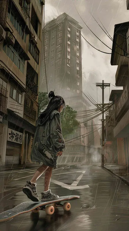 一个约15岁的女孩披着雨披，踩着滑板在无人的街道上熟练穿行，这是一片笼罩着暮气的老旧住宅区，四下皆是平房，可以参考北京胡同的场景。而远处的高楼却皆是断裂或抹平，有明显光滑平整的切口，黑黢黢地矗立在雨幕中，仅有几缕极光飘散在周围，破败而又奇异。 - style2部分