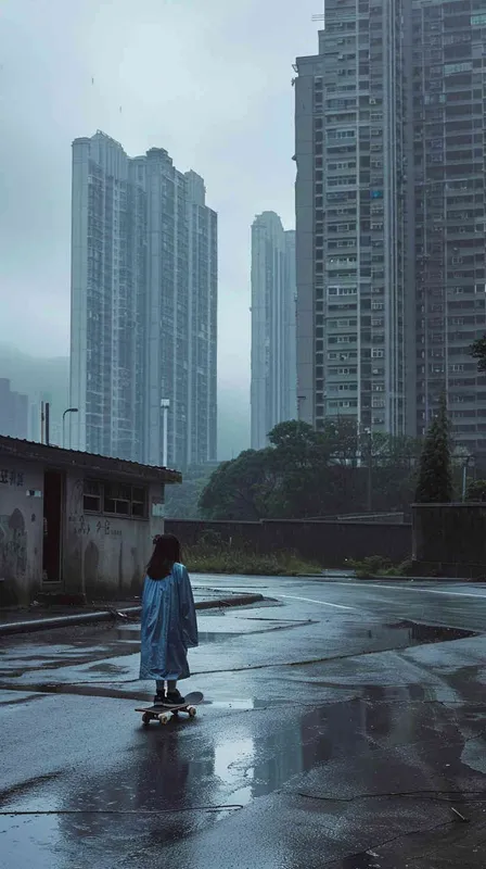 一个约15岁的女孩披着雨披，踩着滑板在无人的街道上熟练穿行，这是一片笼罩着暮气的老旧住宅区，四下皆是平房，可以参考北京胡同的场景。而远处的高楼却皆是断裂或抹平，有明显光滑平整的切口，黑黢黢地矗立在雨幕中，仅有几缕极光飘散在周围，破败而又奇异。 - style3部分