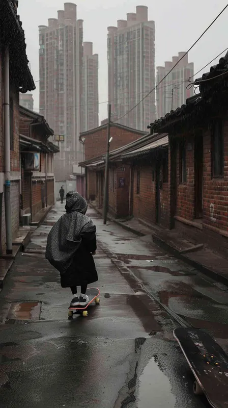 一个约15岁的女孩披着雨披，踩着滑板在无人的街道上熟练穿行，这是一片笼罩着暮气的老旧住宅区，四下皆是平房，可以参考北京胡同的场景。而远处的高楼却皆是断裂或抹平，有明显光滑平整的切口，黑黢黢地矗立在雨幕中，仅有几缕极光飘散在周围，破败而又奇异。明确画出断了一半的大楼以及极光元素 - style1部分