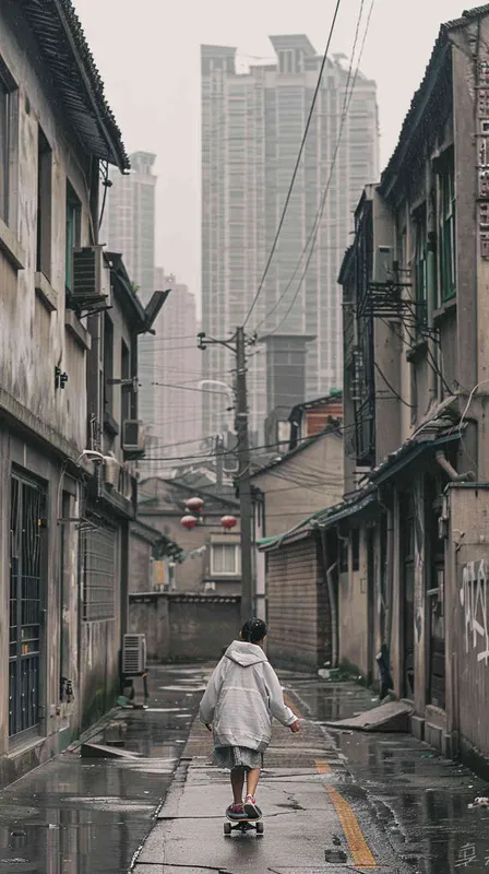 一个约15岁的女孩披着雨披，踩着滑板在无人的街道上熟练穿行，这是一片笼罩着暮气的老旧住宅区，四下皆是平房，可以参考北京胡同的场景。而远处的高楼却皆是断裂或抹平，有明显光滑平整的切口，黑黢黢地矗立在雨幕中，仅有几缕极光飘散在周围，破败而又奇异。明确画出断了一半的大楼以及极光元素 - style2部分