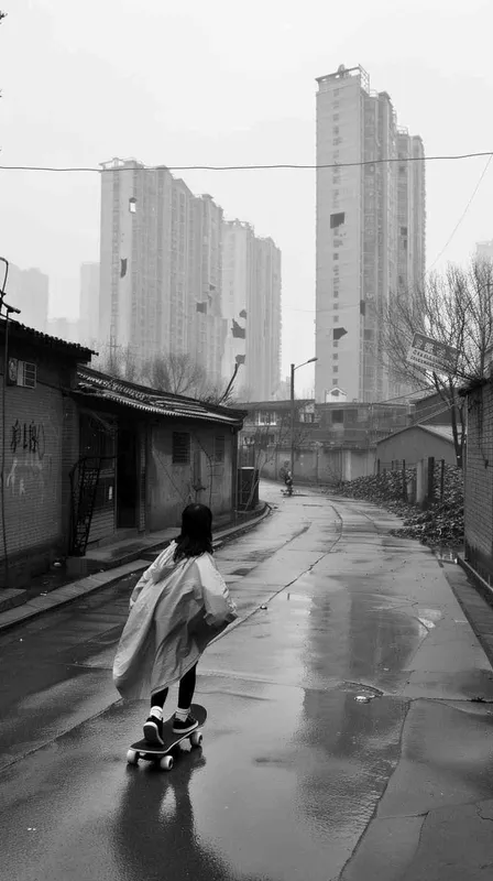 一个约15岁的女孩披着雨披，踩着滑板在无人的街道上熟练穿行，这是一片笼罩着暮气的老旧住宅区，四下皆是平房，可以参考北京胡同的场景。而远处的高楼却皆是断裂或抹平，有明显光滑平整的切口，黑黢黢地矗立在雨幕中，仅有几缕极光飘散在周围，破败而又奇异。明确画出断了一半的大楼以及极光元素 - style3部分
