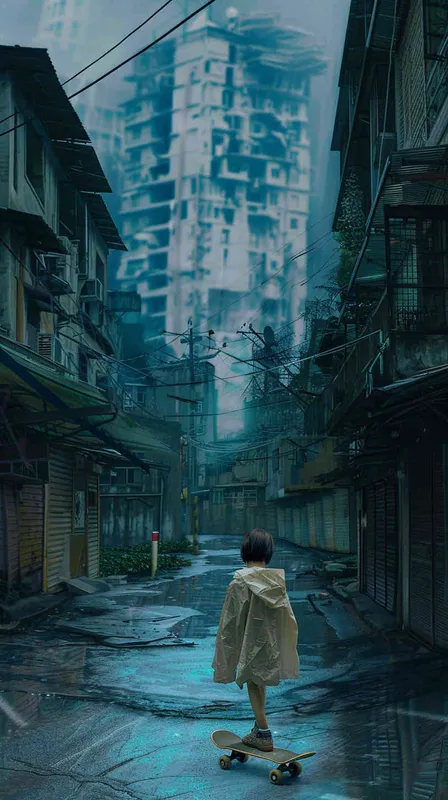 一个约15岁的女孩披着雨披，踩着滑板在无人的街道上熟练穿行，这是一片笼罩着暮气的老旧住宅区，四下皆是平房，可以参考北京胡同的场景。而远处的高楼却皆是断裂或抹平，有明显光滑平整的切口，黑黢黢地矗立在雨幕中，仅有几缕极光飘散在周围，破败而又奇异。明确画出断了一半的大楼以及极光元素 - style4部分