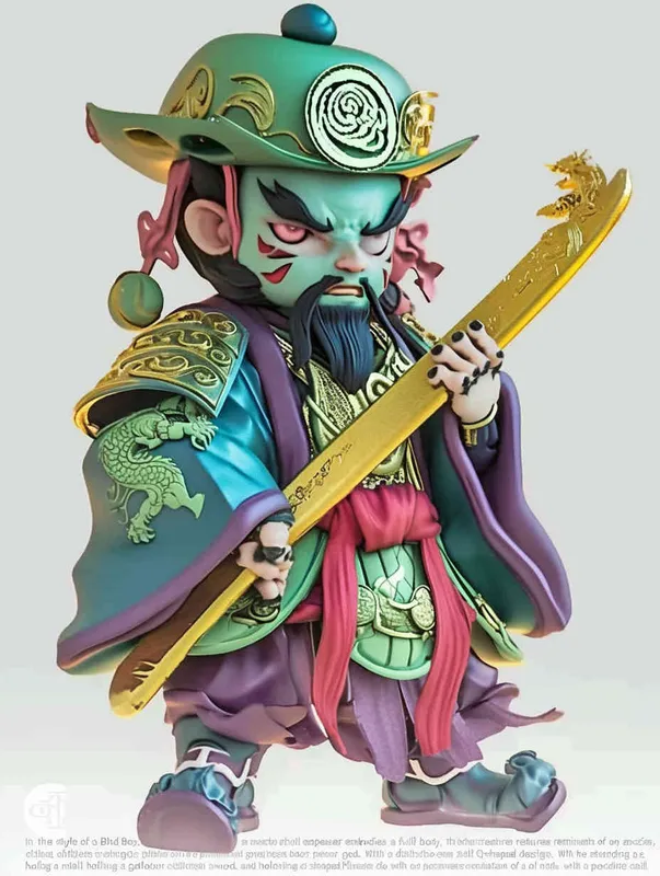 Blind Box Style , full body, chibi, Delicate features, An image of an ancient Chinese door god, Q-shaped, with a full body, wearing a metal helmet ， holding a golden sword.，His left arm is adorned with green armor, while his right arm is adorned with a purple battle robe adorned with golden dragon patterns, legs are covered in scaly armor,  wearing war boots，white background, Natural lighting, 8K, best quality, ultra - detail, 3D, C4D, Blender, OC renderer, ultra HD, 3D rendering  - style1部分
