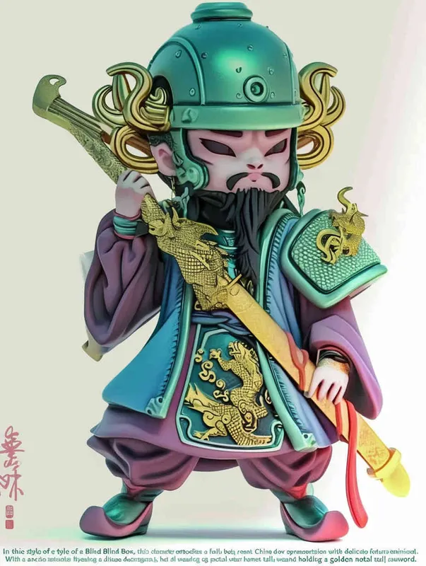 Blind Box Style , full body, chibi, Delicate features, An image of an ancient Chinese door god, Q-shaped, with a full body, wearing a metal helmet ， holding a golden sword.，His left arm is adorned with green armor, while his right arm is adorned with a purple battle robe adorned with golden dragon patterns, legs are covered in scaly armor,  wearing war boots，white background, Natural lighting, 8K, best quality, ultra - detail, 3D, C4D, Blender, OC renderer, ultra HD, 3D rendering  - style2部分