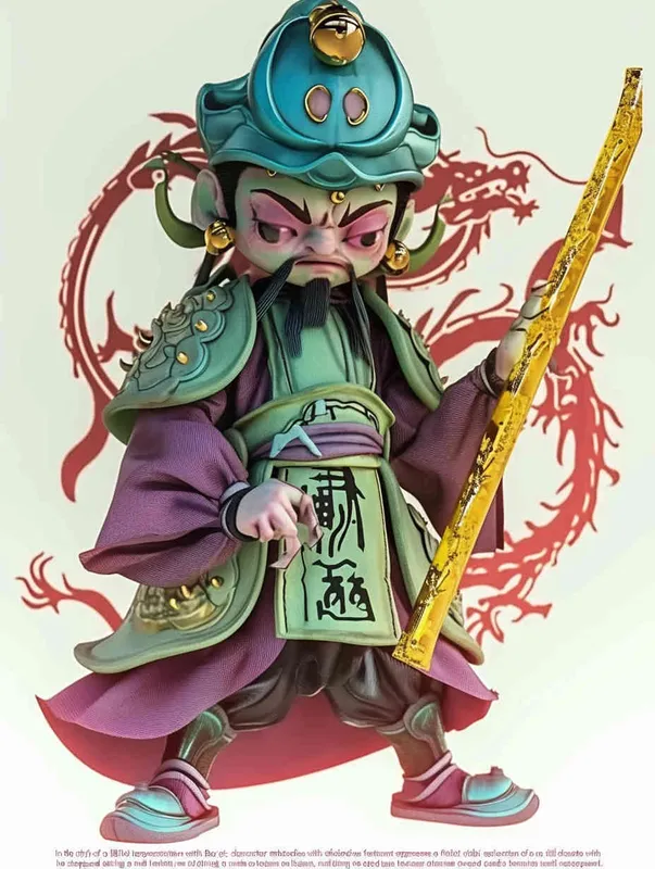 Blind Box Style , full body, chibi, Delicate features, An image of an ancient Chinese door god, Q-shaped, with a full body, wearing a metal helmet ， holding a golden sword.，His left arm is adorned with green armor, while his right arm is adorned with a purple battle robe adorned with golden dragon patterns, legs are covered in scaly armor,  wearing war boots，white background, Natural lighting, 8K, best quality, ultra - detail, 3D, C4D, Blender, OC renderer, ultra HD, 3D rendering  - style3部分
