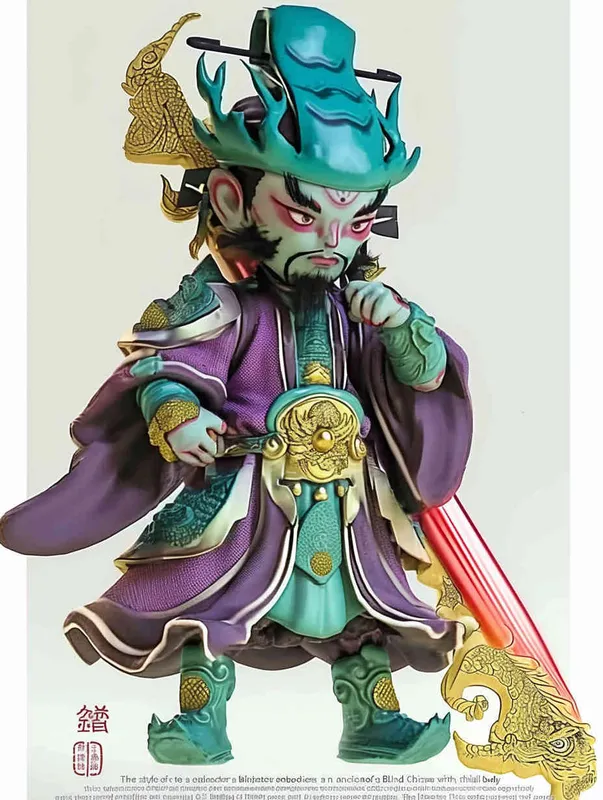 Blind Box Style , full body, chibi, Delicate features, An image of an ancient Chinese door god, Q-shaped, with a full body, wearing a metal helmet ， holding a golden sword.，His left arm is adorned with green armor, while his right arm is adorned with a purple battle robe adorned with golden dragon patterns, legs are covered in scaly armor,  wearing war boots，white background, Natural lighting, 8K, best quality, ultra - detail, 3D, C4D, Blender, OC renderer, ultra HD, 3D rendering  - style4部分