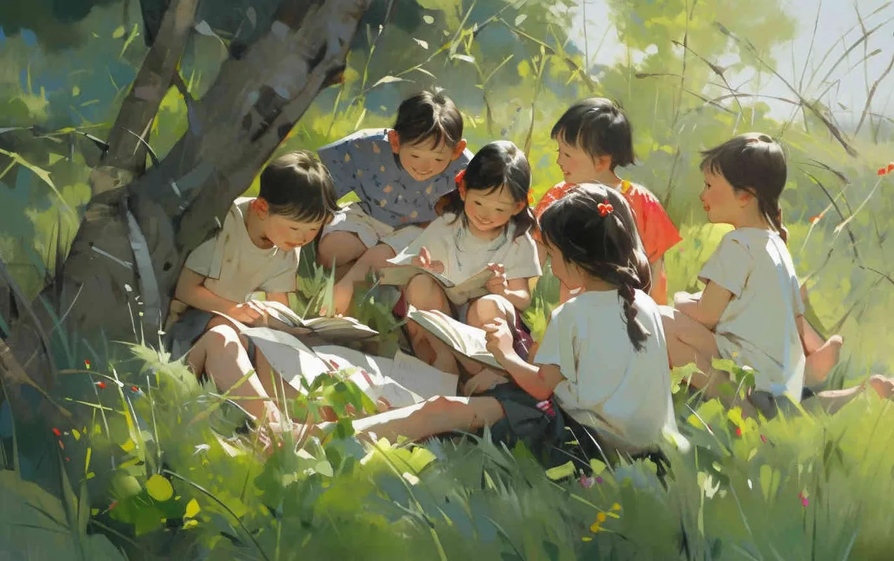 On a fresh green grassland, many verdant plants are sprouting nearby. Five adorable Chinese elementary school students, three girls, and two boys dressed in bright costumes and yellow hats, sitting on the grass, fully focused on reading. Elementary school students are all on the right side of the screen. The illustration style features a wide-angle perspective bathed in natural light, presented in a 16:10 aspect ratio, exuding a charming and adorable beauty. Natural Light --ar 16:10 --niji 5 - style2部分